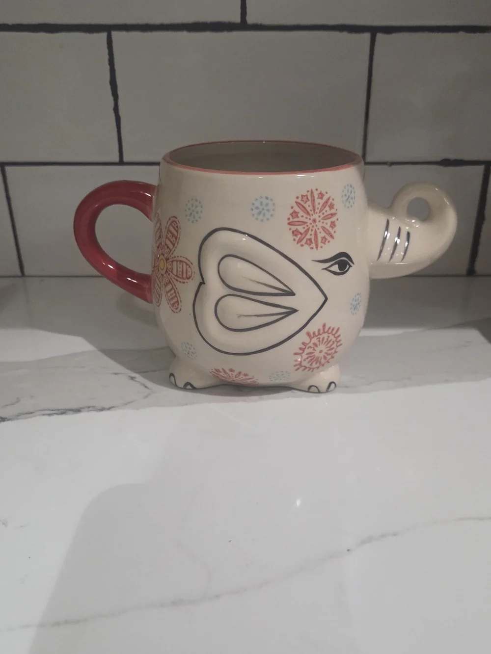 Ceramic Elephant Mug in Cream and Red - Decorative Home Art